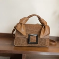 Sac bandoulière marron imprimé léopard avec poignée nouée et boucle carrée - Marron