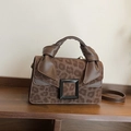 Brown leopard print crossbody bag with black square buckle and suede texture - Brown