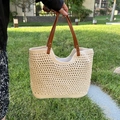 Handmade beige woven tote bag with dark brown leather handles for summer style - Off White