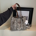 Brown and beige geometric canvas tote bag with leather handles and pearl keychain - Coffee with Pendant