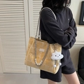 Yellow canvas tote bag with geometric lines, pearl chain strap, and cloud charm - Yellow with Pendant