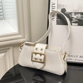 French style white pleated shoulder bag with oversized gold square buckle detail - White