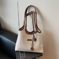 Minimalist beige canvas tote bag with brown PU leather trim and long shoulder handles - Brown