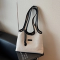 Minimalist canvas tote bag in cream white and black leather trim for casual commuting - Black