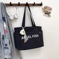 Grand sac cabas en nylon noir avec imprimé Angel Fish et pendentif lune mignon - Noir avec pendentif