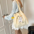 Sac fourre-tout en toile crème avec broderie mouton et fermeture par cordon serrage - Agneau