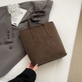 Dark brown suede bucket bag with square structure and sturdy double top handles - Brown No Pendant