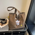 Sac cabas marron en nylon avec broderie de vache mignonne et bandoulières décontractées - Vache