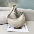 Minimalist beige nylon crescent crossbody bag with adjustable wide fabric strap - Khaki