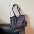 Sac fourre-tout à imprimé marbre violet foncé avec nœuds latéraux et grande capacité - Noir