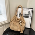 Beige hollow crochet tote bag with dual shoulder straps and wooden bead tassels - Khaki