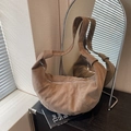 Dark brown suede croissant bag with oversized knotted shoulder strap and silver zipper - Coffee