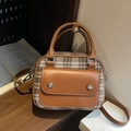 Vintage mini crossbodytas met ruitpatroon, bruine leren accenten en handvat - Bruin