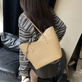 Brown leather and woven straw tote bag with large capacity and shoulder strap - Khaki