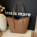 Brown woven tote bag with smooth PU leather trim and metal ball charm decoration - Brown