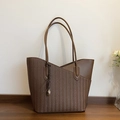 Brown woven leather tote bag with herringbone pattern and decorative knotted charm - Brown