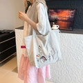 Sac fourre-tout en toile beige avec broderie florale et cordon de serrage rose - Gris