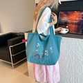 Sac fourre-tout bleu paon en toile avec broderie florale et grande capacité d'épaule - Bleu lac