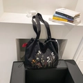 Sac cabas noir en nylon à cordon avec broderie florale colorée pour femmes - Noir