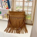 Brown vintage ethnic crossbody bag with fringe tassels and metal coin details - Brown