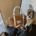 Brown suede pillow bag with embroidery detail, versatile handheld and crossbody style - With Charm / Leopard Brown
