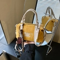 Ginger yellow suede Boston bag with cute cookie embroidery and leopard bear charm - With Charm / Matte Yellow