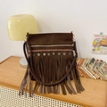 Dark brown bohemian fringe crossbody bag with ethnic embroidery and metal discs - Brown