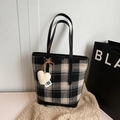 Plaid wool bucket bag in black and white check pattern with plush heart charm - Black Check With Charm
