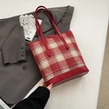 Sac seau en tweed à carreaux rouge blanc gris avec anse en cuir rouge luxe - Carreaux Rouges Sans Pendentif