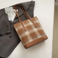 Sac seau en laine à carreaux marron et beige avec lanières en cuir style rétro - Grille Kaki (Sans Pendentif)