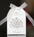 Elegant white laser-cut favor box with rose tree pattern and white organza ribbon - White