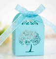Light blue laser cut candy box featuring a tree of life design with a sheer organza ribbon - Turquoise Blue