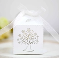 Dettaglio di una scatola regalo bianca con decorazione ad albero di rose e fiocco in organza - Bianco