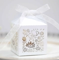 Detailed laser-cut white favor box with bear pattern and elegant white organza ribbon - White