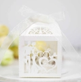 Macro detail of laser-cut heart and bridal silhouette on white wedding favor candy box - Ivory