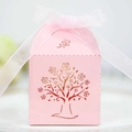 Pink laser-cut rose tree wedding favor box with a decorative white organza ribbon bow - Pink
