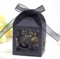 Detailed laser-cut black gift box featuring a cute cat and floral pattern with a ribbon - Black Khaki