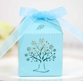 Close-up of light blue laser-cut candy box with floral tree pattern and organza ribbon - Tiffany Blue