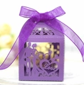 Boîte de dragées de mariage violette découpée au laser avec texte Love et nœud en satin - Violet foncé