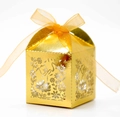 Golden laser-cut wedding favor box with floral patterns and a matching organza ribbon - Reflective Gold