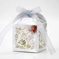Detail of silver mirror hollow bear gift box with laser cut floral patterns and ribbon - Reflective Silver