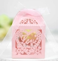 Pink laser cut wedding favor box with Love heart design and satin ribbon closure - 5*5*8 CM / Pink