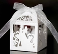 Laser cut white wedding favor box with bride groom silhouette and white ribbon - White