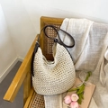 Cream straw woven hobo shoulder bag with dark brown leather strap for summer vacations - Off White