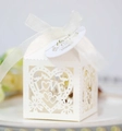 Detail of white laser-cut LOVE candy box with ribbon and gold Thank You tag - Ivory
