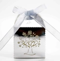Detail of silver laser-cut candy box with hollow tree design and grey satin ribbon bow - Reflective Silver