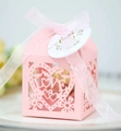 Pink laser-cut candy gift box with hollow LOVE letters, white ribbon and thank you tag - Pink