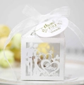 Boîte cadeau de mariage blanche découpée au laser avec ruban et silhouette de mariés - Blanc (Avec Étiquette)