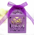 Detailed laser-cut purple candy box with Love heart design and chiffon ribbon bow - Dark Purple