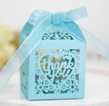 Light blue laser-cut heart candy box with thank you text and matching ribbon bow - Turquoise Blue